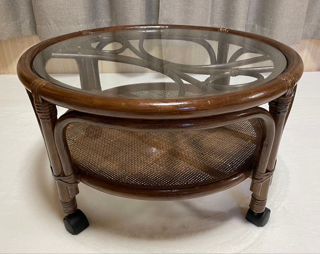 ラタン キャスター付き ガラステーブル コーヒーテーブル アジアン ビンテージ