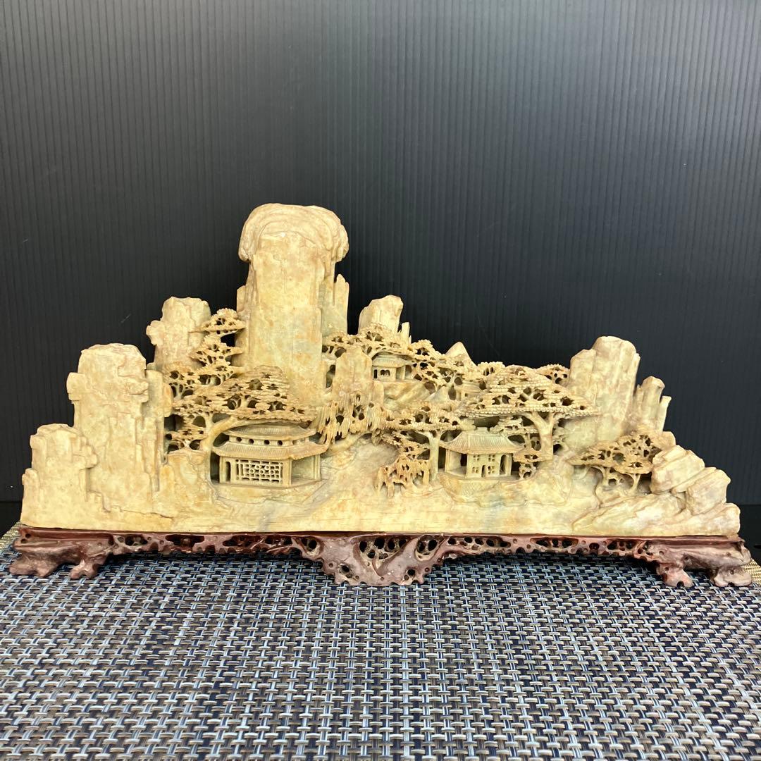 山水画風 石材彫刻 中国美術　置物