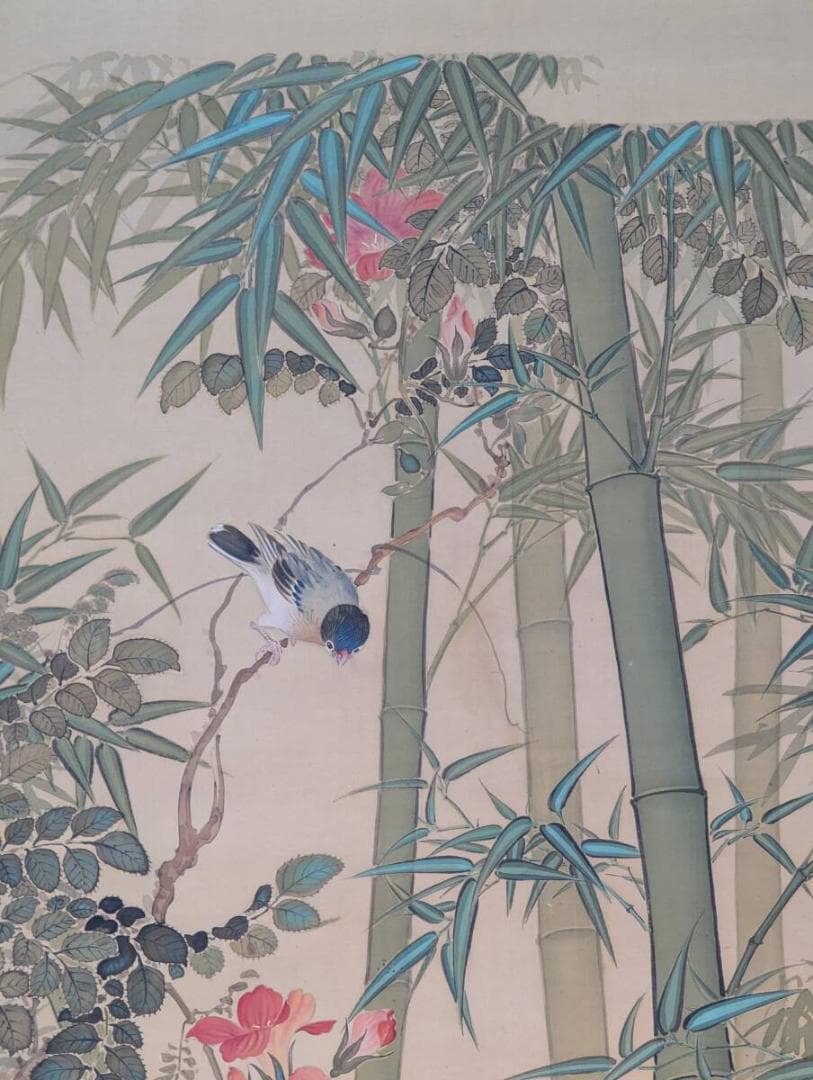 【真作】掛軸　谷川紫鳳　竹花鳥図　花と小鳥の彩色画　日本画　合箱入　U64