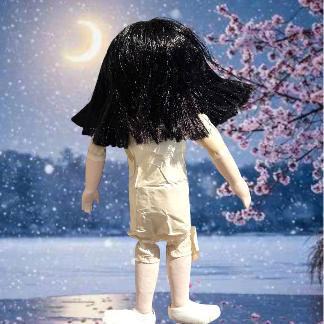 市松人形 松乾斎東光 紫 縮緬 花柄 菊 着物 ガラス 銘 印 三折れ 日本人形