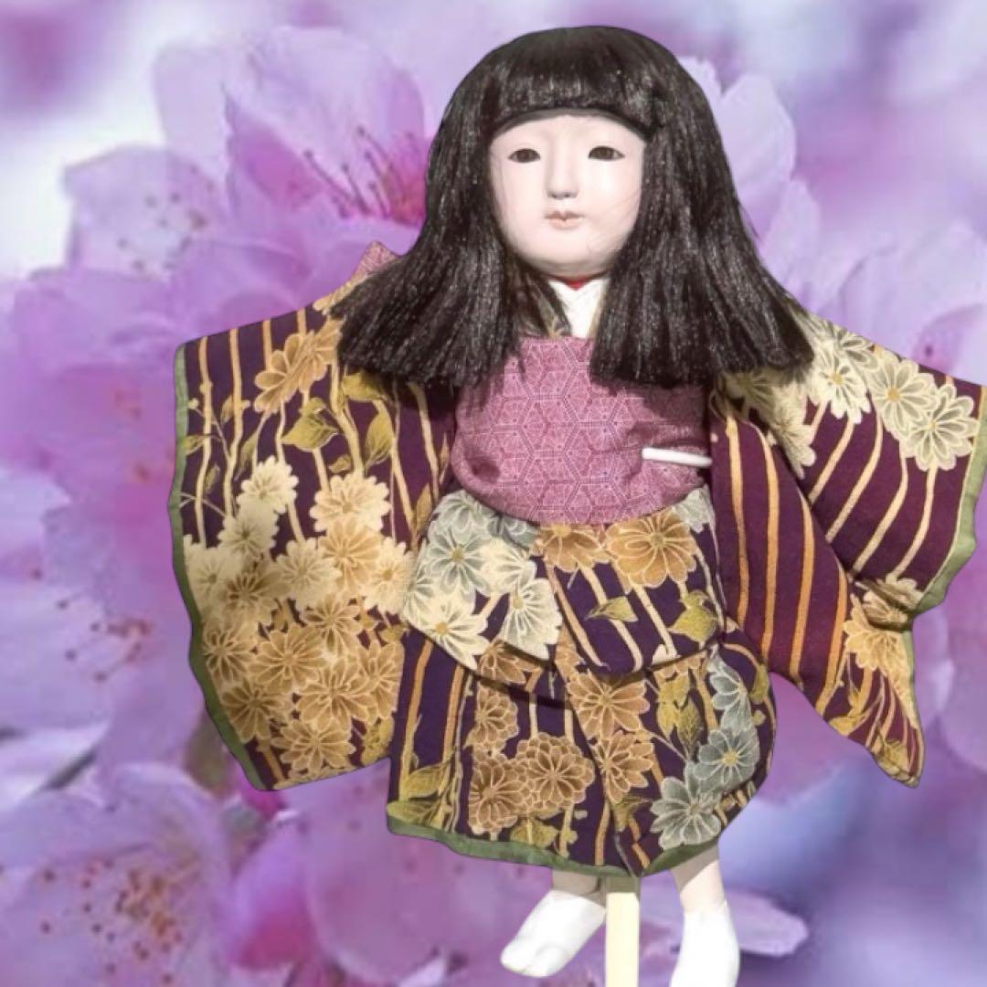市松人形 松乾斎東光 紫 縮緬 花柄 菊 着物 ガラス 銘 印 三折れ 日本人形