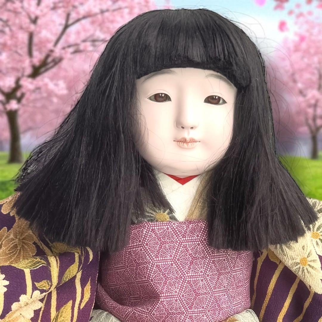 市松人形 松乾斎東光 紫 縮緬 花柄 菊 着物 ガラス 銘 印 三折れ 日本人形