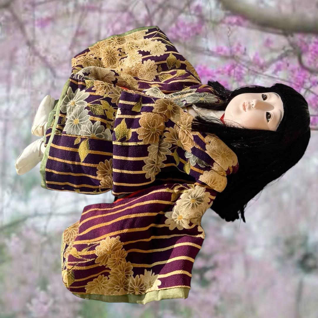 市松人形 松乾斎東光 紫 縮緬 花柄 菊 着物 ガラス 銘 印 三折れ 日本人形