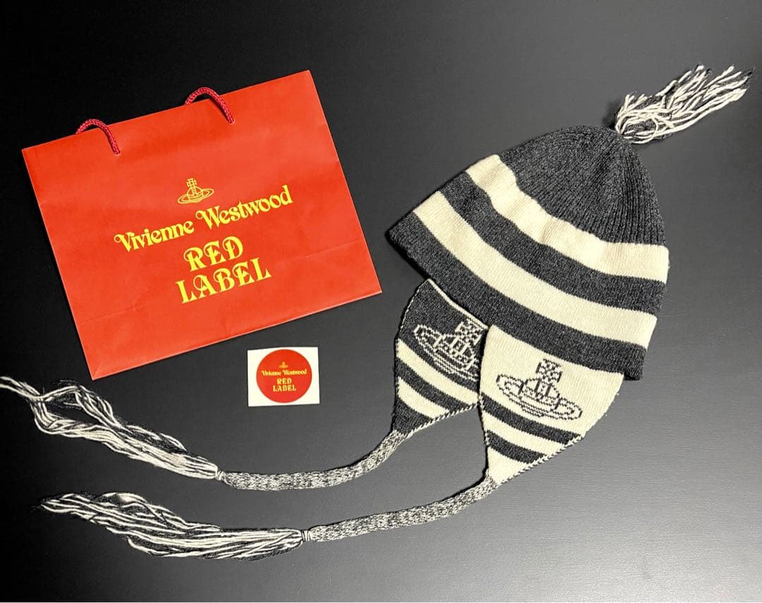 90s激レア旧タグ最初期型★廃盤/正規品★美品ヴィヴィアン耳当て付きニット帽黒白