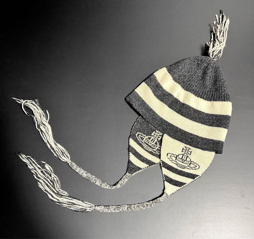 90s激レア旧タグ最初期型★廃盤/正規品★美品ヴィヴィアン耳当て付きニット帽黒白