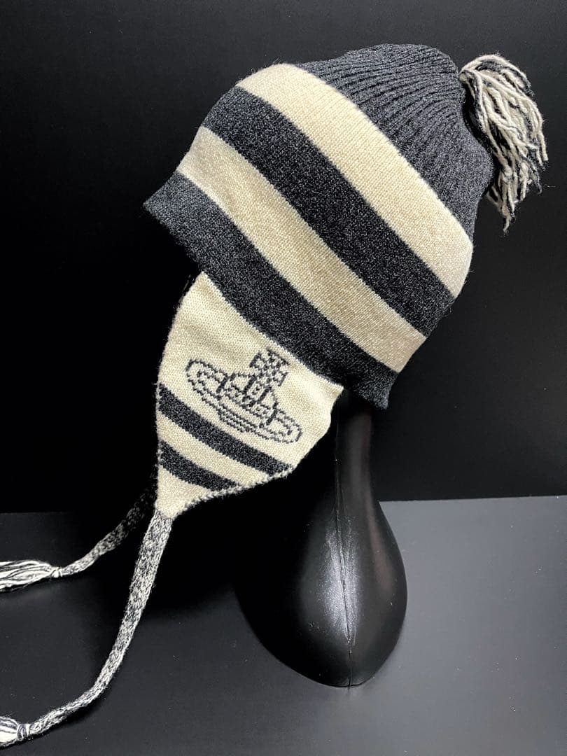 90s激レア旧タグ最初期型★廃盤/正規品★美品ヴィヴィアン耳当て付きニット帽黒白