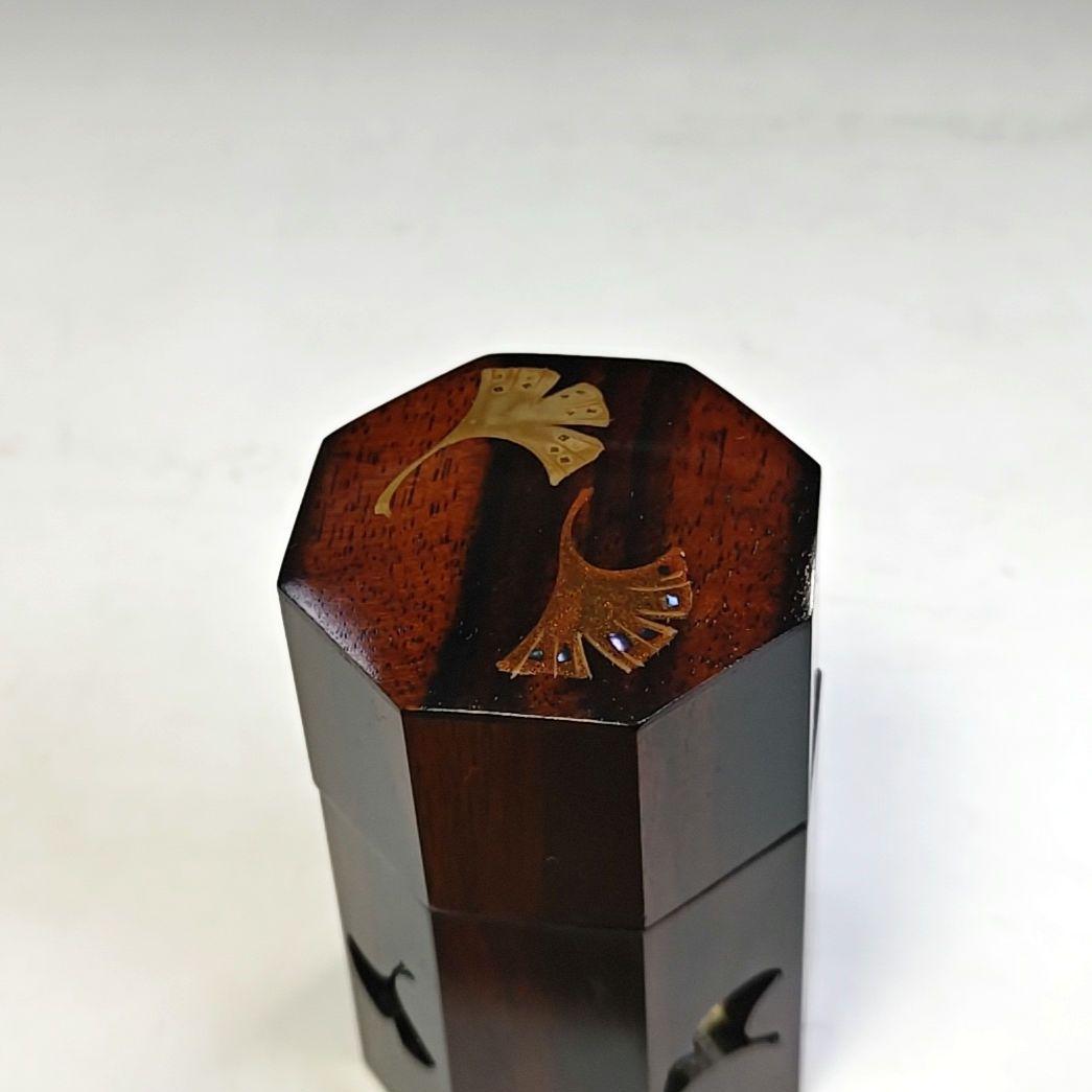 イ802 茶入『高崎秋峰作』『銀杏蒔絵　黒柿八角茶器　共箱』茶道具