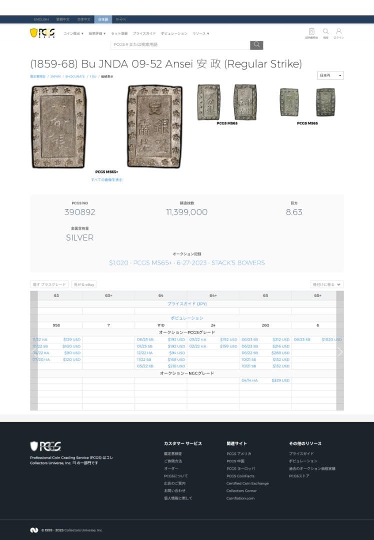 PCGS-MS63　日本 安政一分銀 安政6年~明治元年（1859~68） 黒色