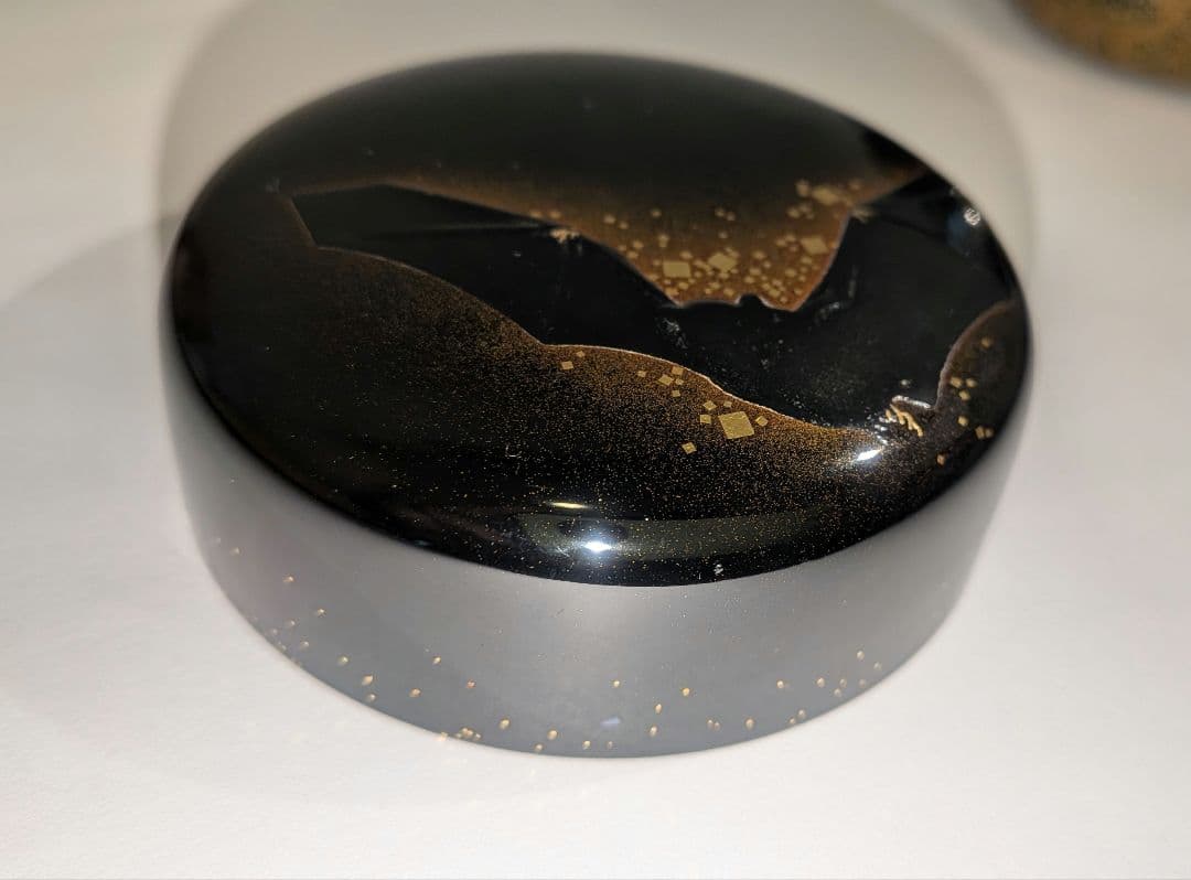 蝙蝠蒔絵　大棗　紫月作　福士健　内銀溜塗　蝙蝠に軍配　輪島塗　茶道具