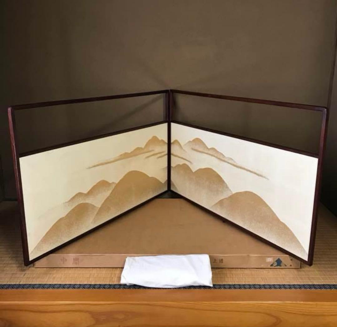 ★風呂先屏風！烈地 荒磯/図題 遠山/両面開き/桑上透！布包/紙箱付！★