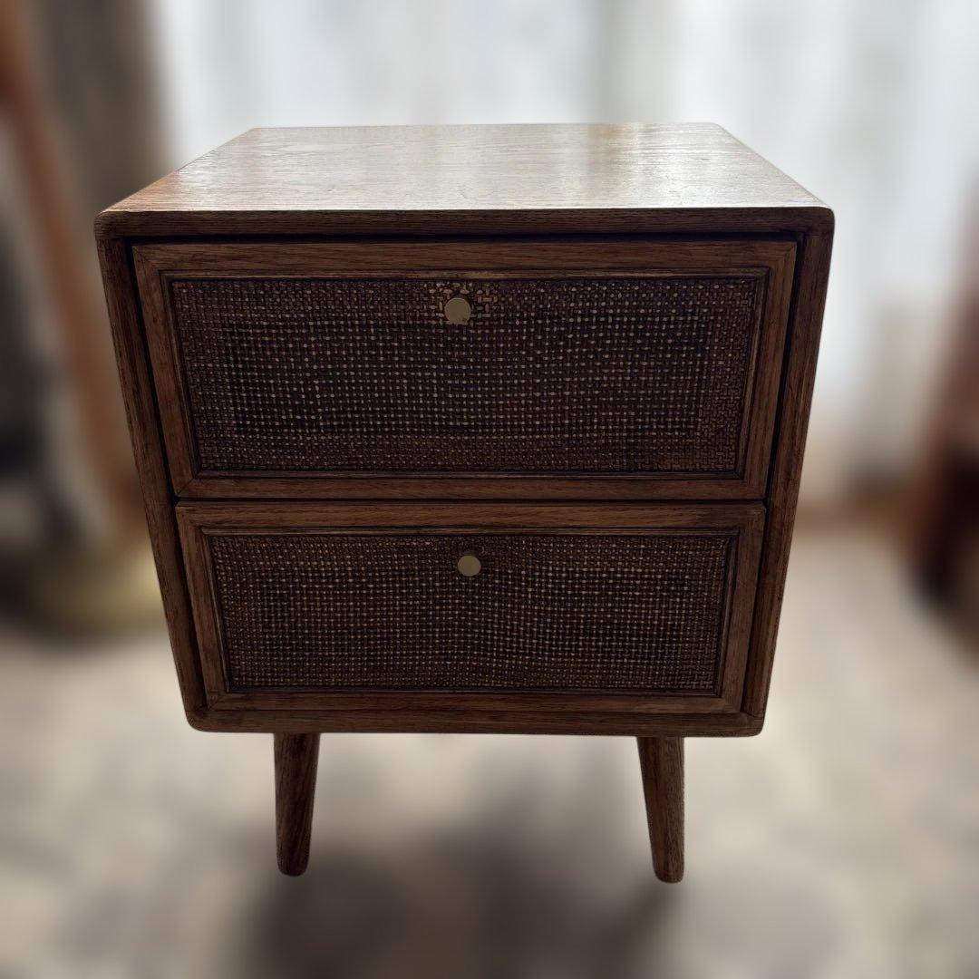 ヴィンテージ調 ラタン　木製サイドテーブル 2引き出し　ブラウン