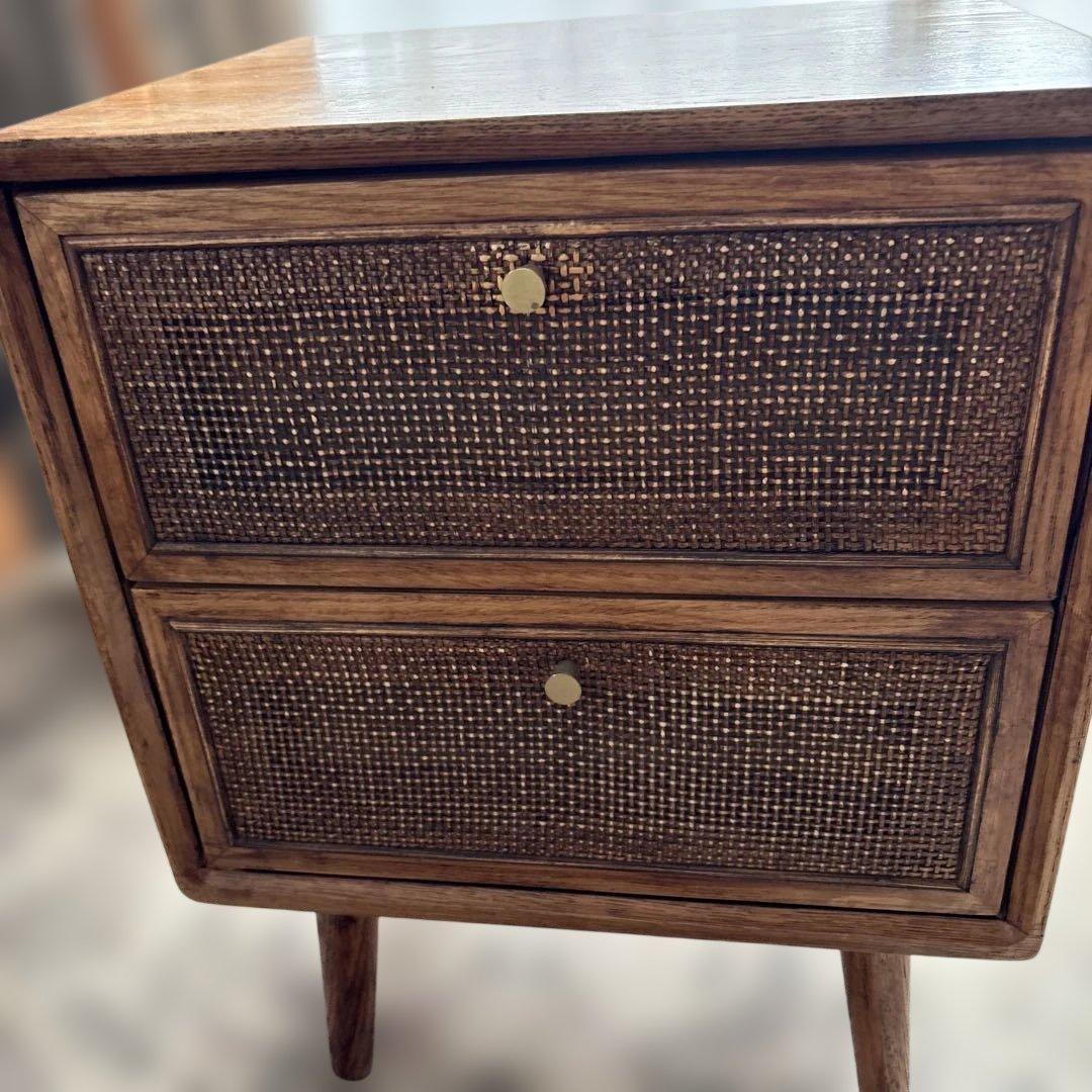 ヴィンテージ調 ラタン　木製サイドテーブル 2引き出し　ブラウン