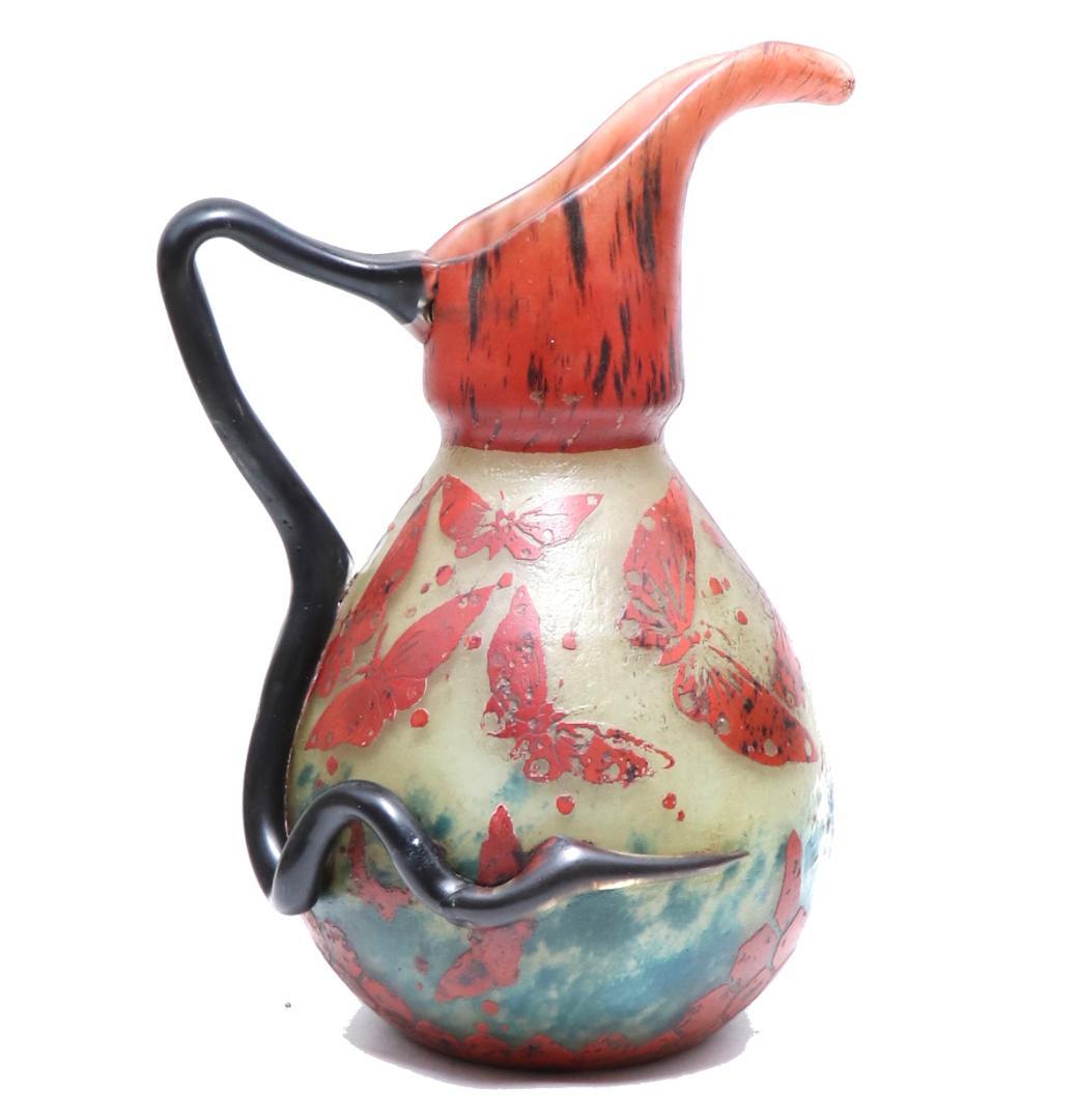 シュナイダー兄弟!! 1920年頃 多層多色被せ蝶文カメオ彫り 大型水差し