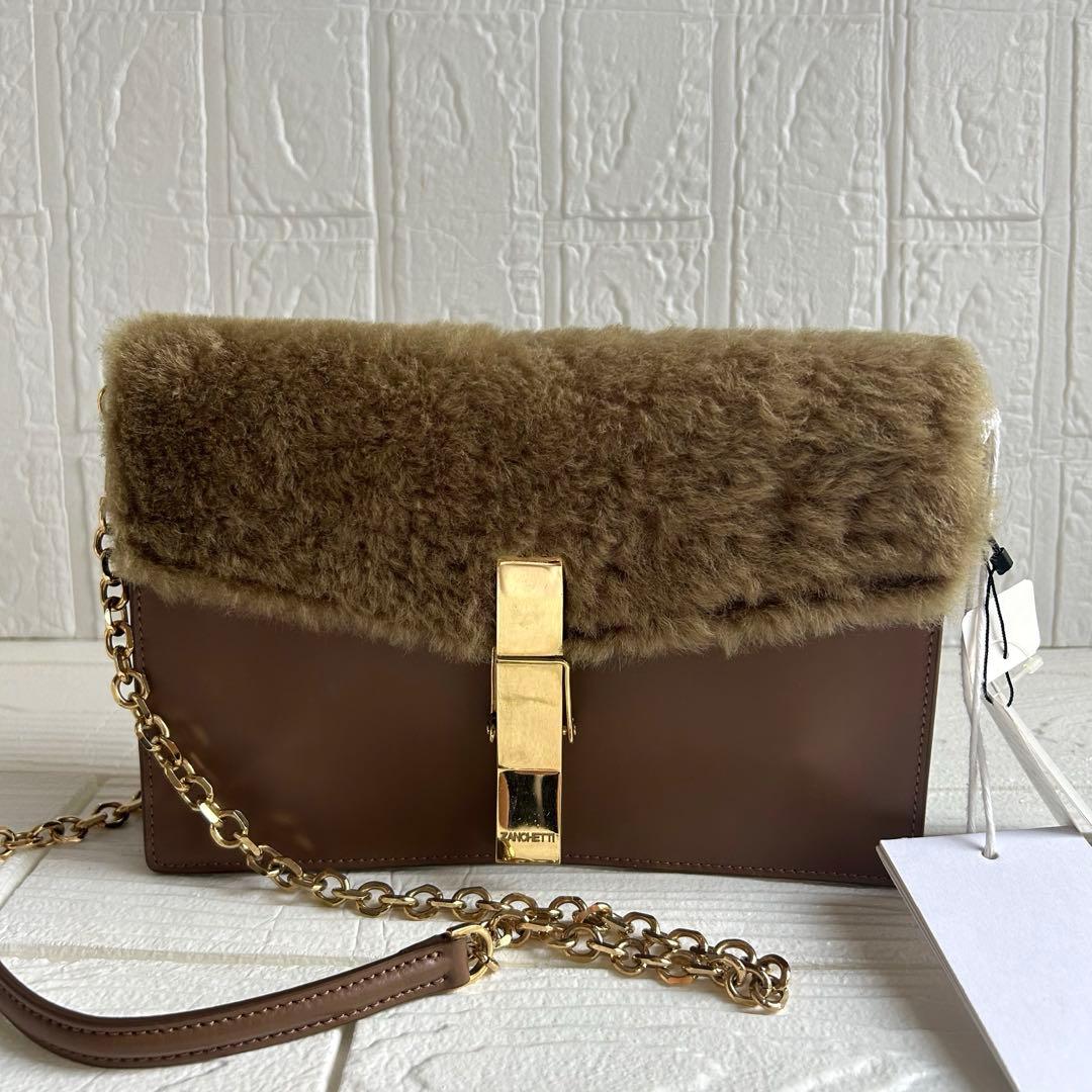 【美品】ZANCHETTI ショルダーバッグ ブラウン ファー ゴールドチェーン