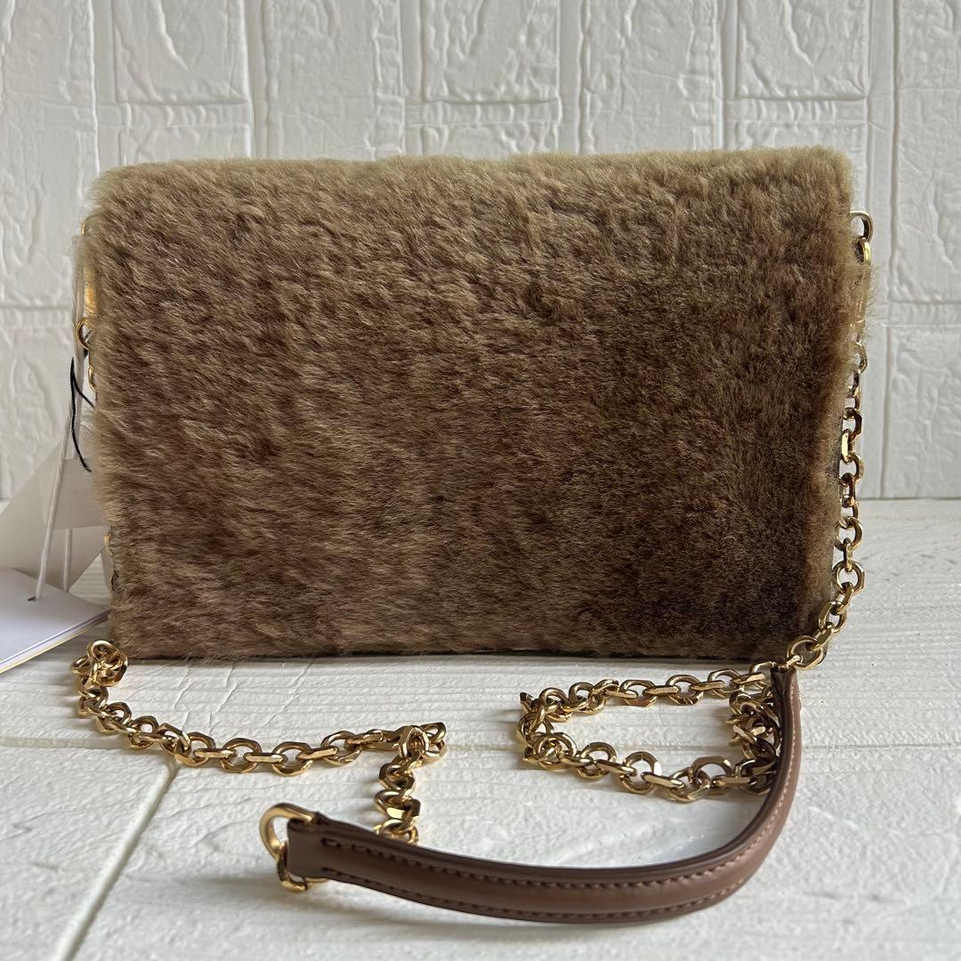 【美品】ZANCHETTI ショルダーバッグ ブラウン ファー ゴールドチェーン