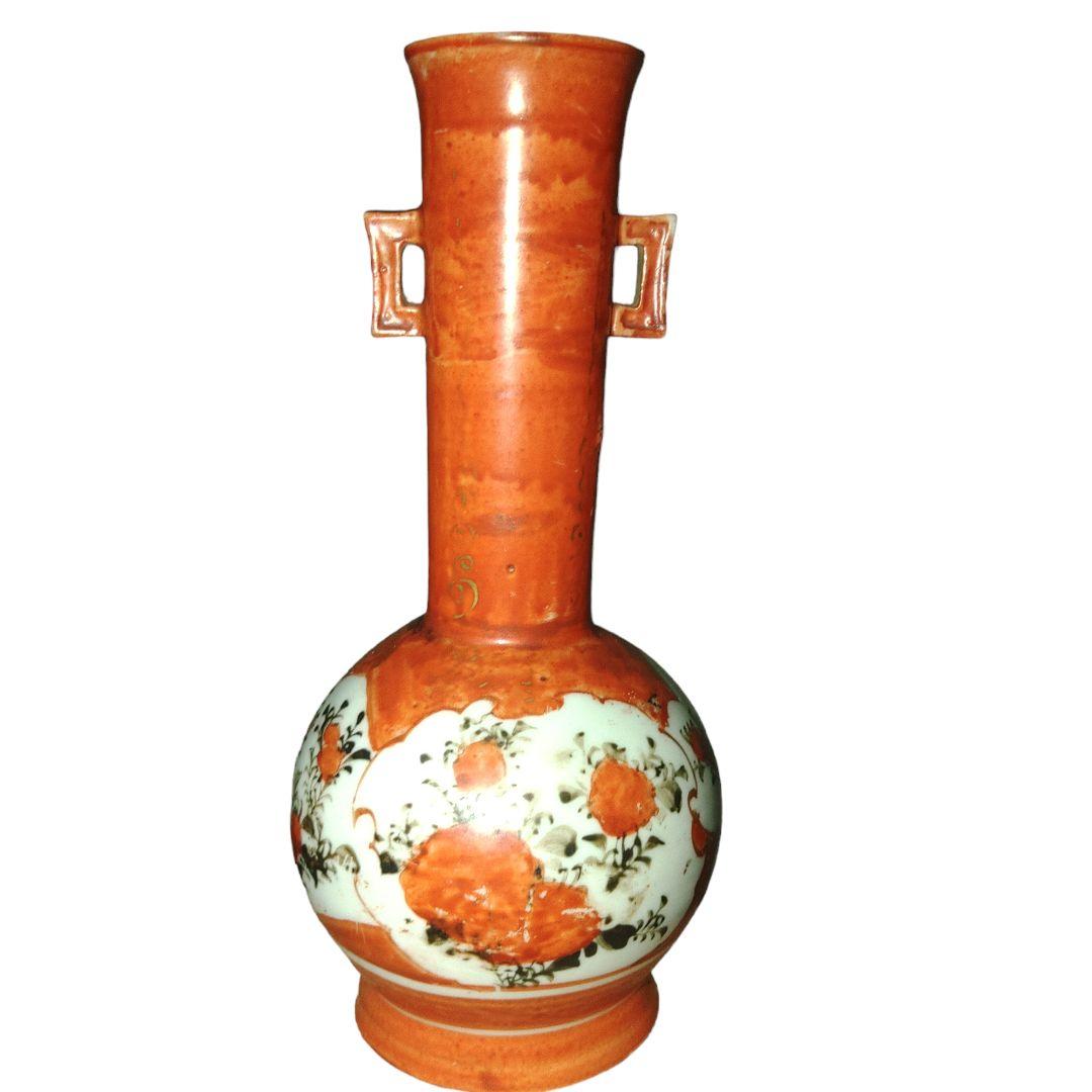 明治レトロ　赤九谷焼　草花文様双耳小花瓶