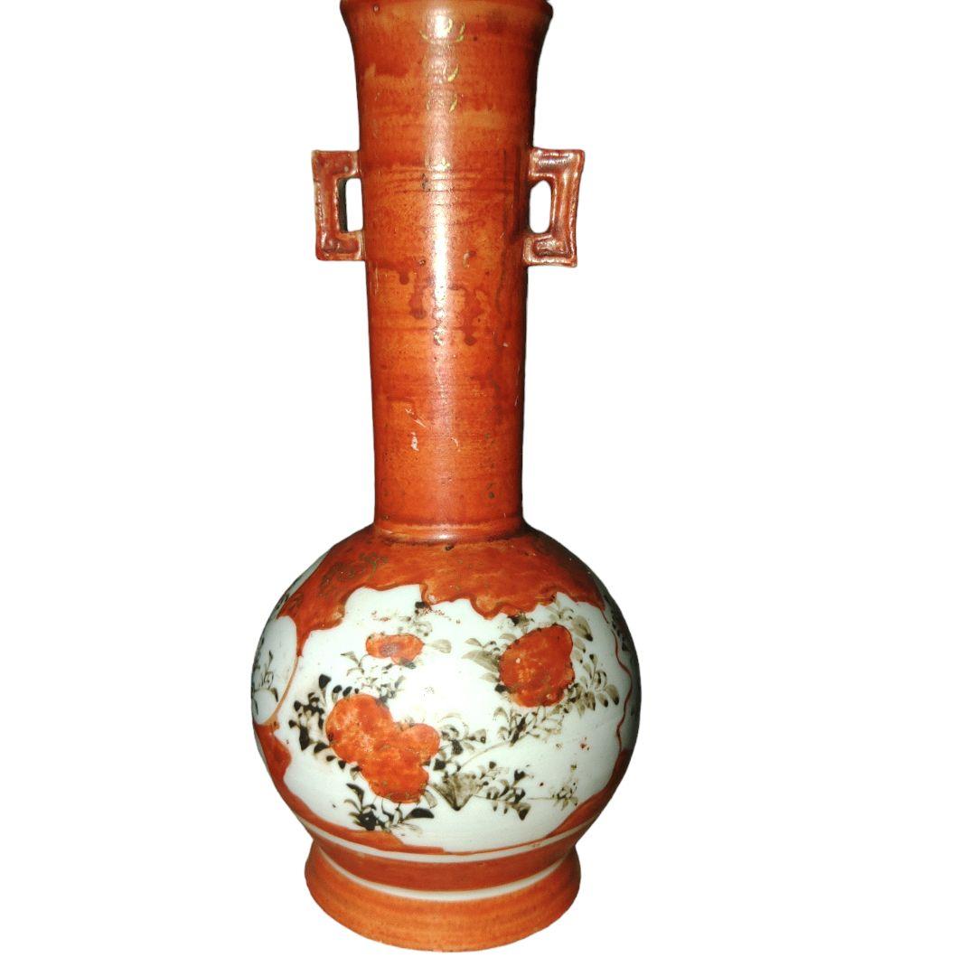 明治レトロ　赤九谷焼　草花文様双耳小花瓶