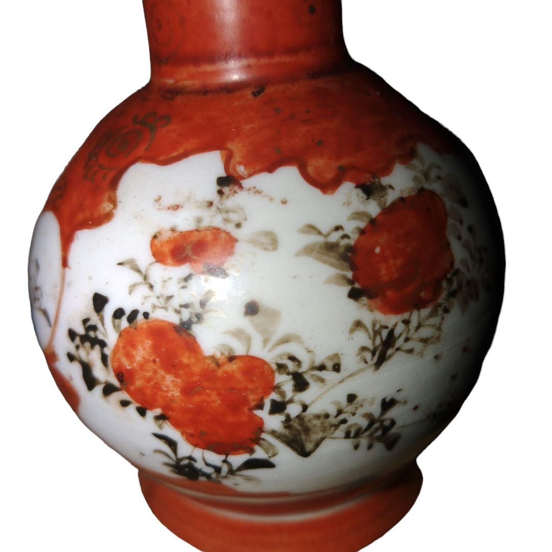 明治レトロ　赤九谷焼　草花文様双耳小花瓶