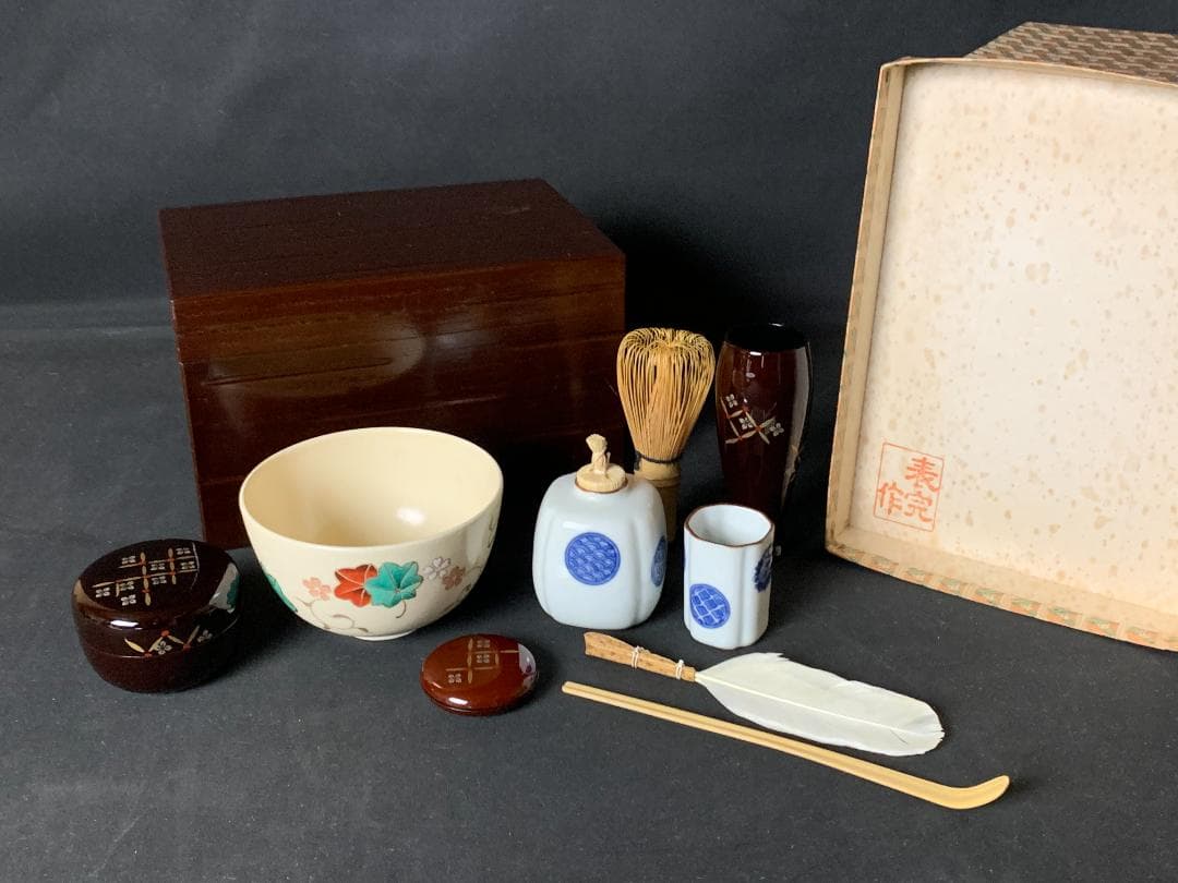 川瀬表完作 溜塗 木製 利休茶箱 茶道具揃い 橋本城岳茶碗 七宝文蒔絵 紙共箱