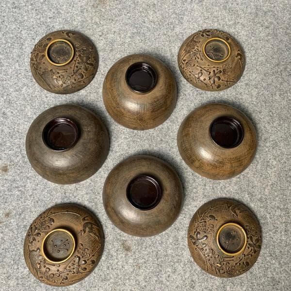 会津塗鉄錆塗木製蒔絵富士山吸物椀4個[B34144]