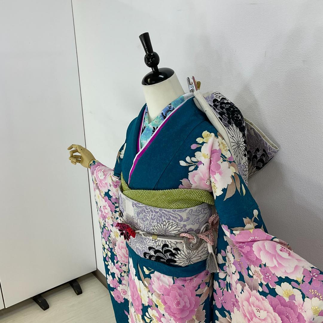 お振袖フルセット　7点セット　ブルーグリーン　銀通し　正絹　美品