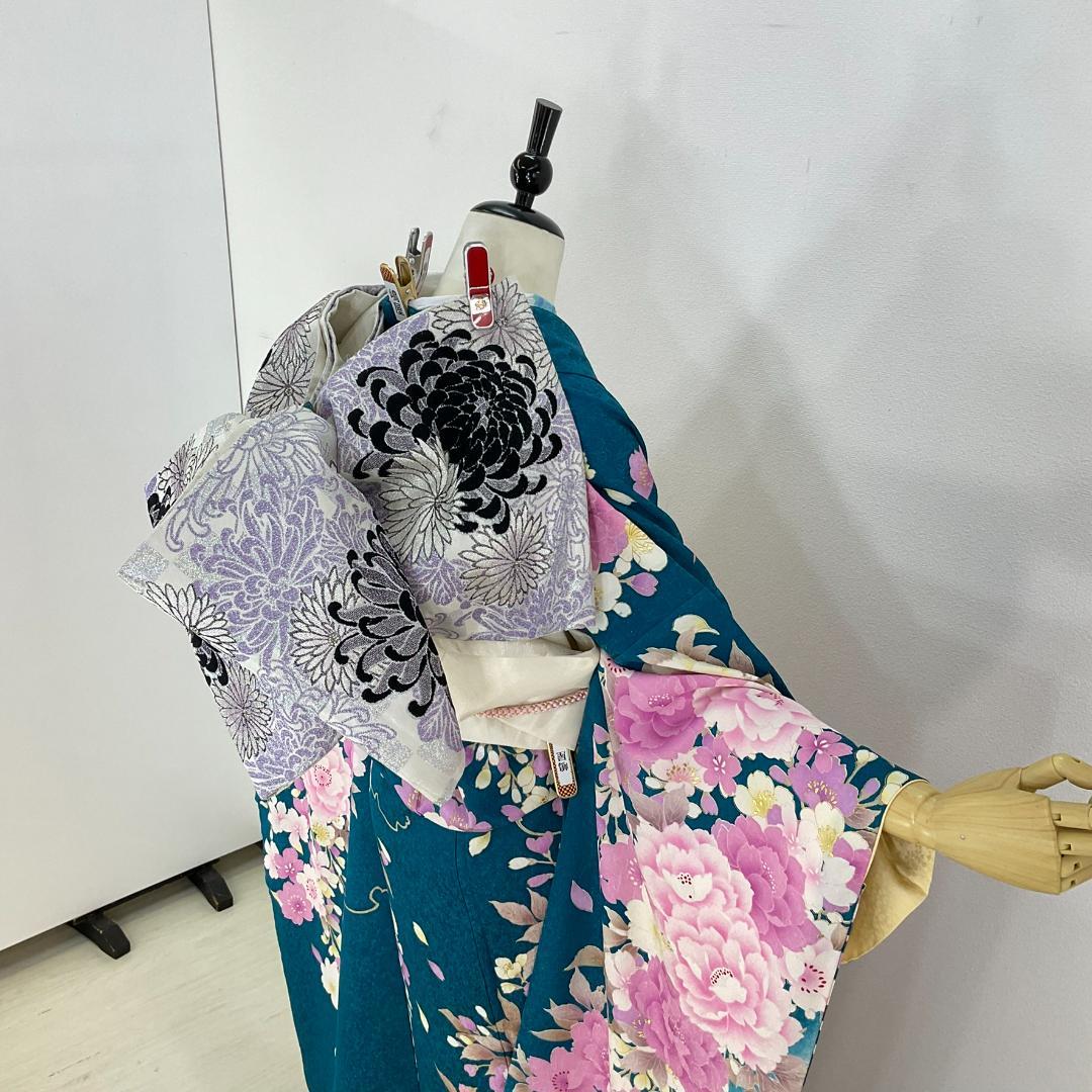 お振袖フルセット　7点セット　ブルーグリーン　銀通し　正絹　美品