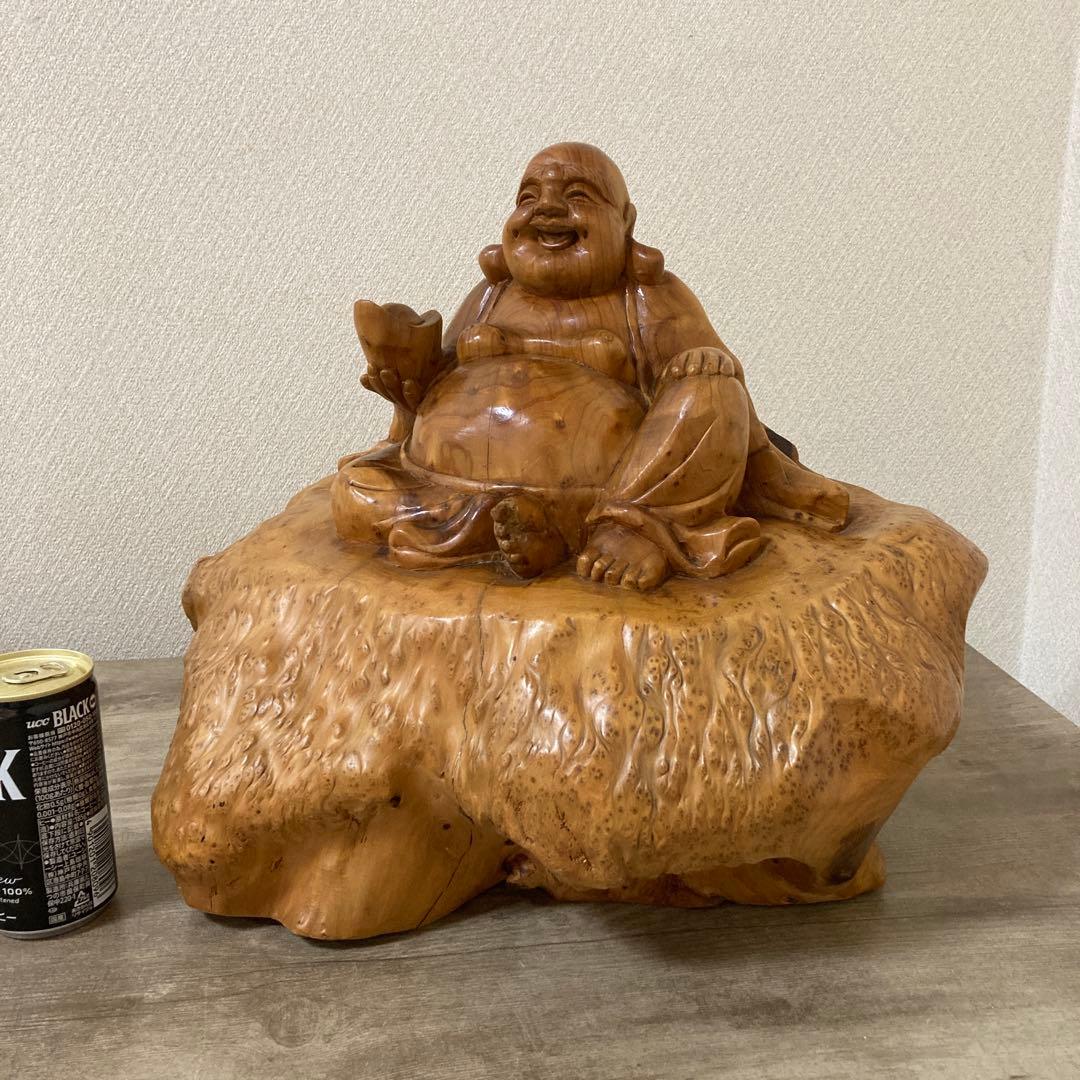 大型　天然木　木彫り　七福神　布袋様　中国美術　置物〈検 オブジェ　 仏像　瘤木