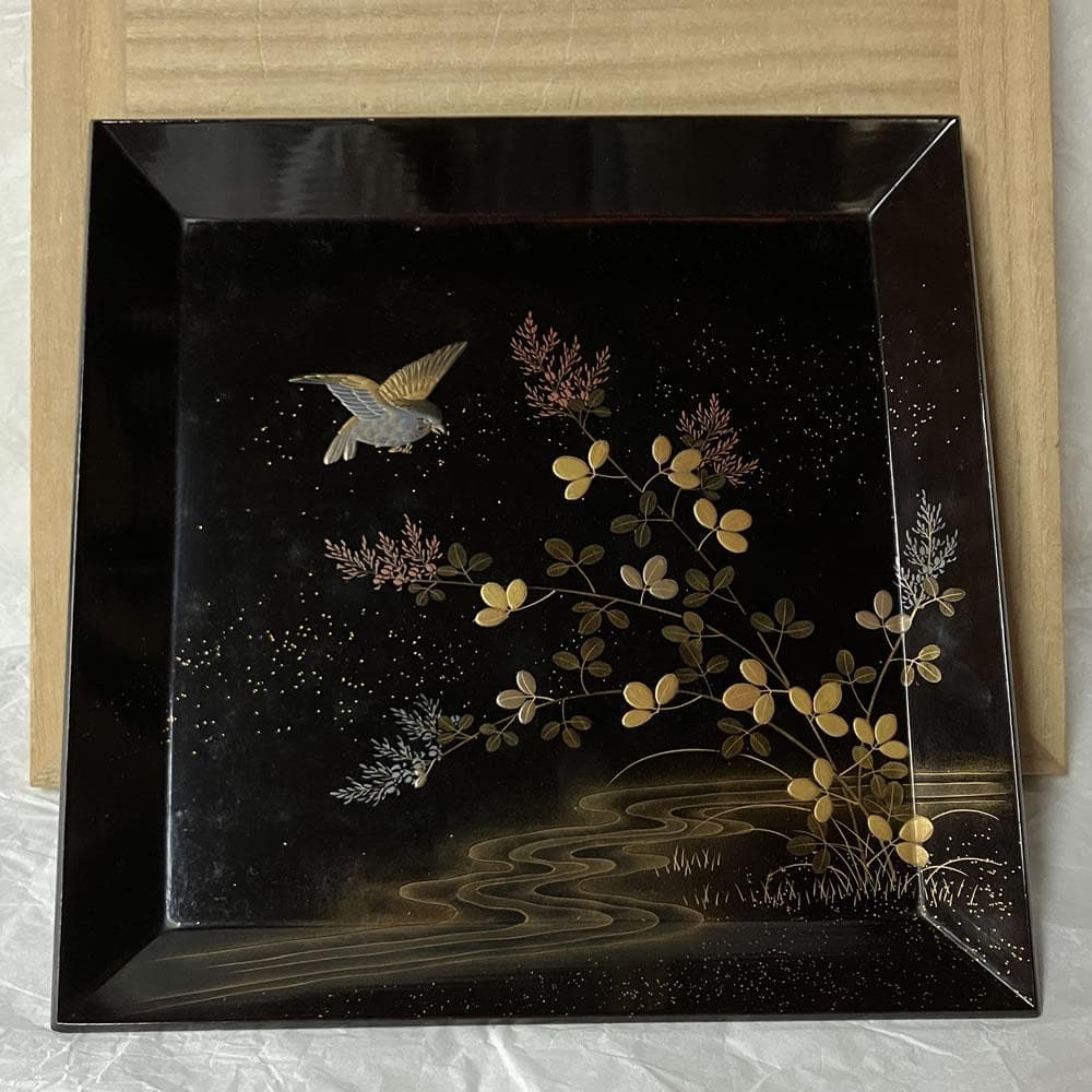 F1405 中村宗哲 蒔絵 四方盆 共箱 木製 蒔絵盆 香盆 茶道具