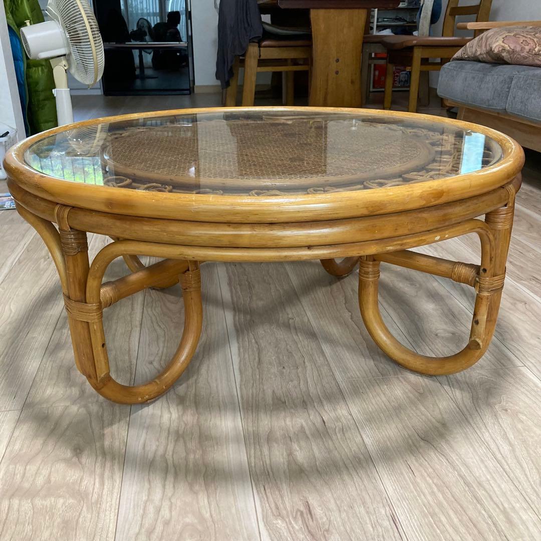 おしゃれ　ラタン　強化ガラス　テーブル　全国送料無料