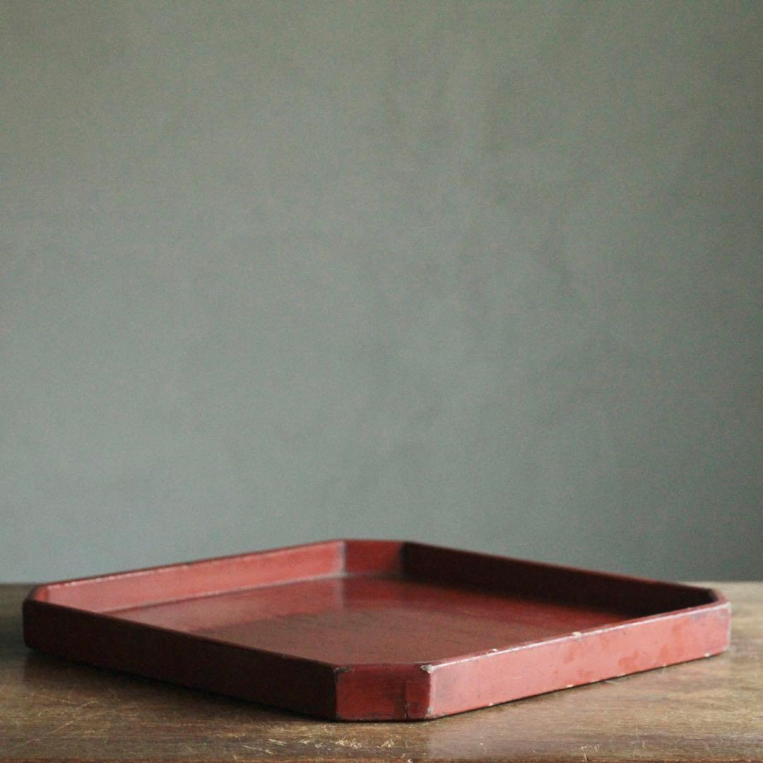 隅切 折敷 朱塗り 盆 古美術 古道具 アンティーク 盆 折敷盆