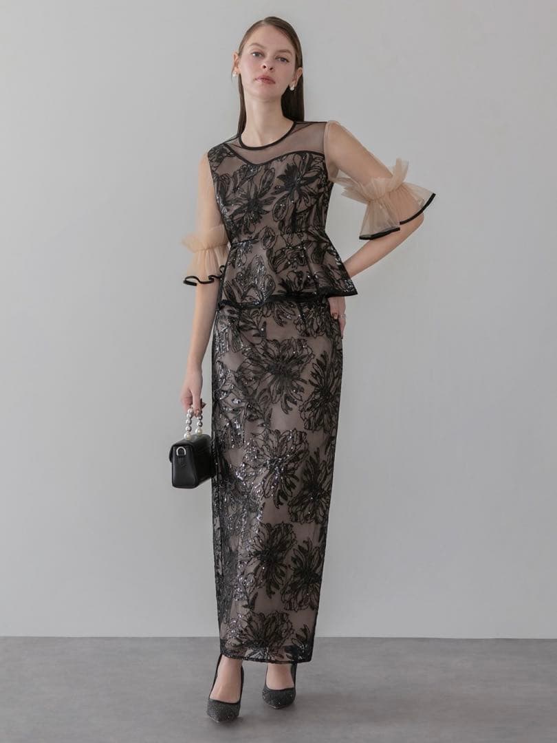 アシンメトリーシアーフラワースパンコールフリルチュール セットアップドレス結婚式