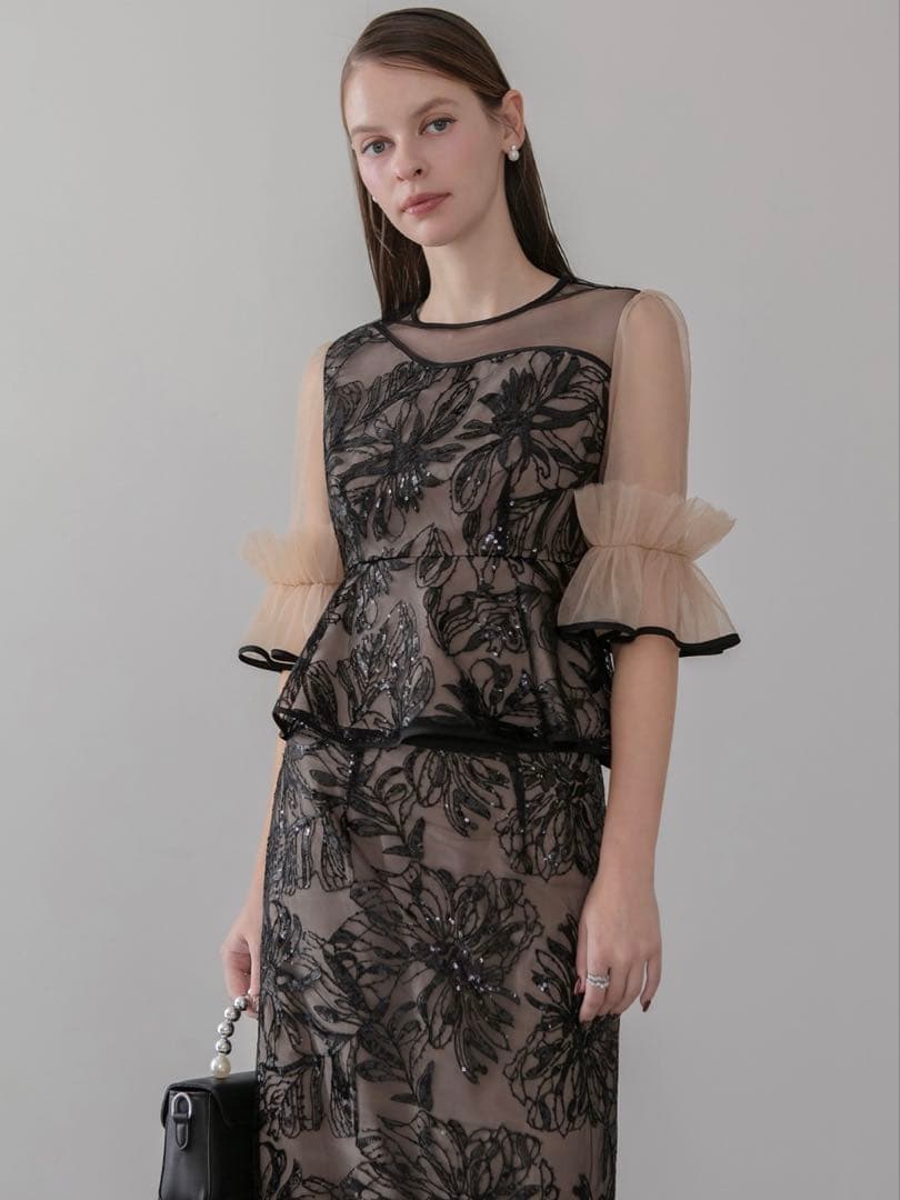 アシンメトリーシアーフラワースパンコールフリルチュール セットアップドレス結婚式