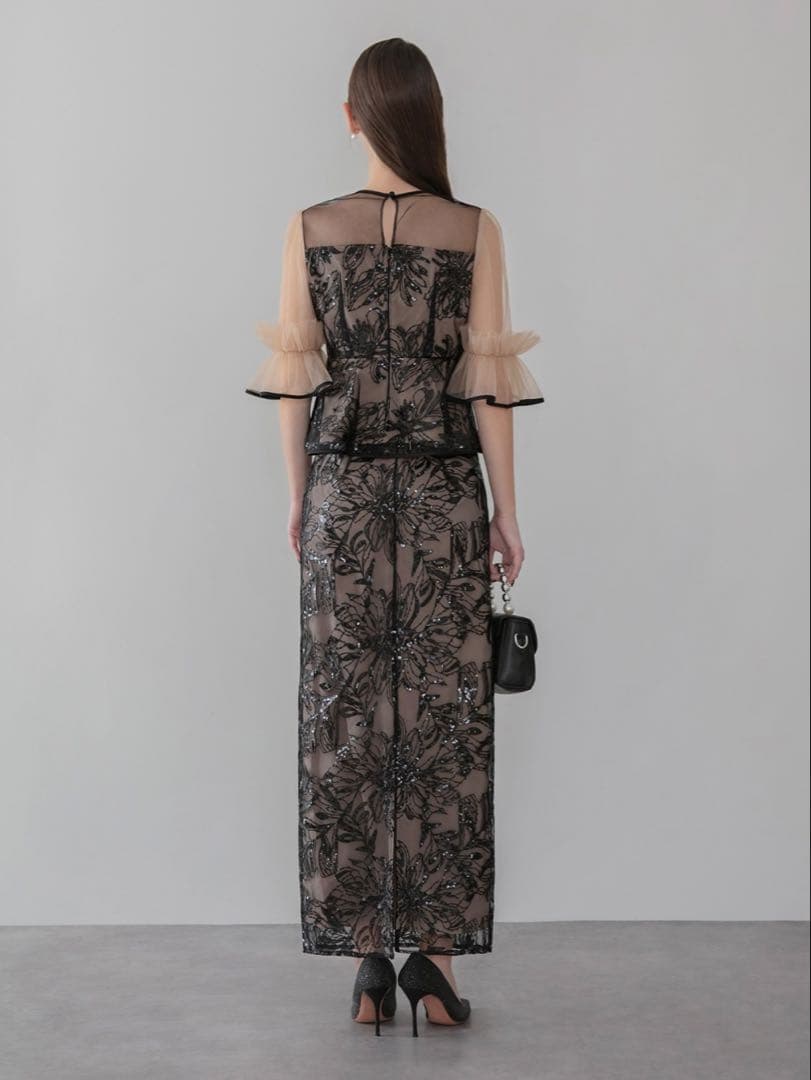 アシンメトリーシアーフラワースパンコールフリルチュール セットアップドレス結婚式