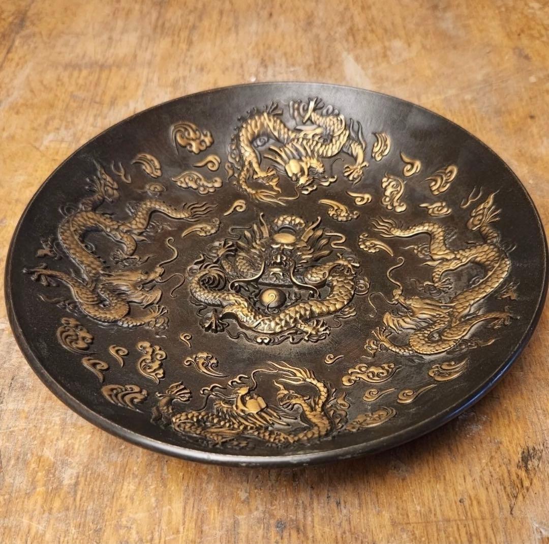 清代乾隆年製紫銅招き龍盤 置物実心銅皿