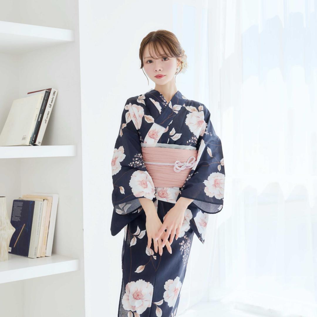 二部式浴衣 セパレート浴衣 3点set 珊瑚色の花あそび 濃紺地 Y5-23-2