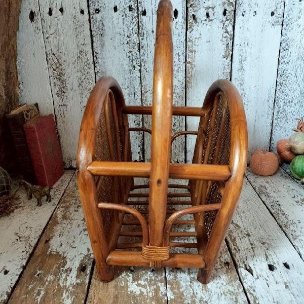 70-80s ヴィンテージ ラタン マガジンラック ブックスタンド 籐 本立て