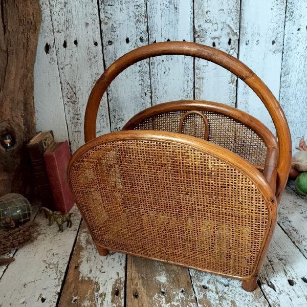 70-80s ヴィンテージ ラタン マガジンラック ブックスタンド 籐 本立て