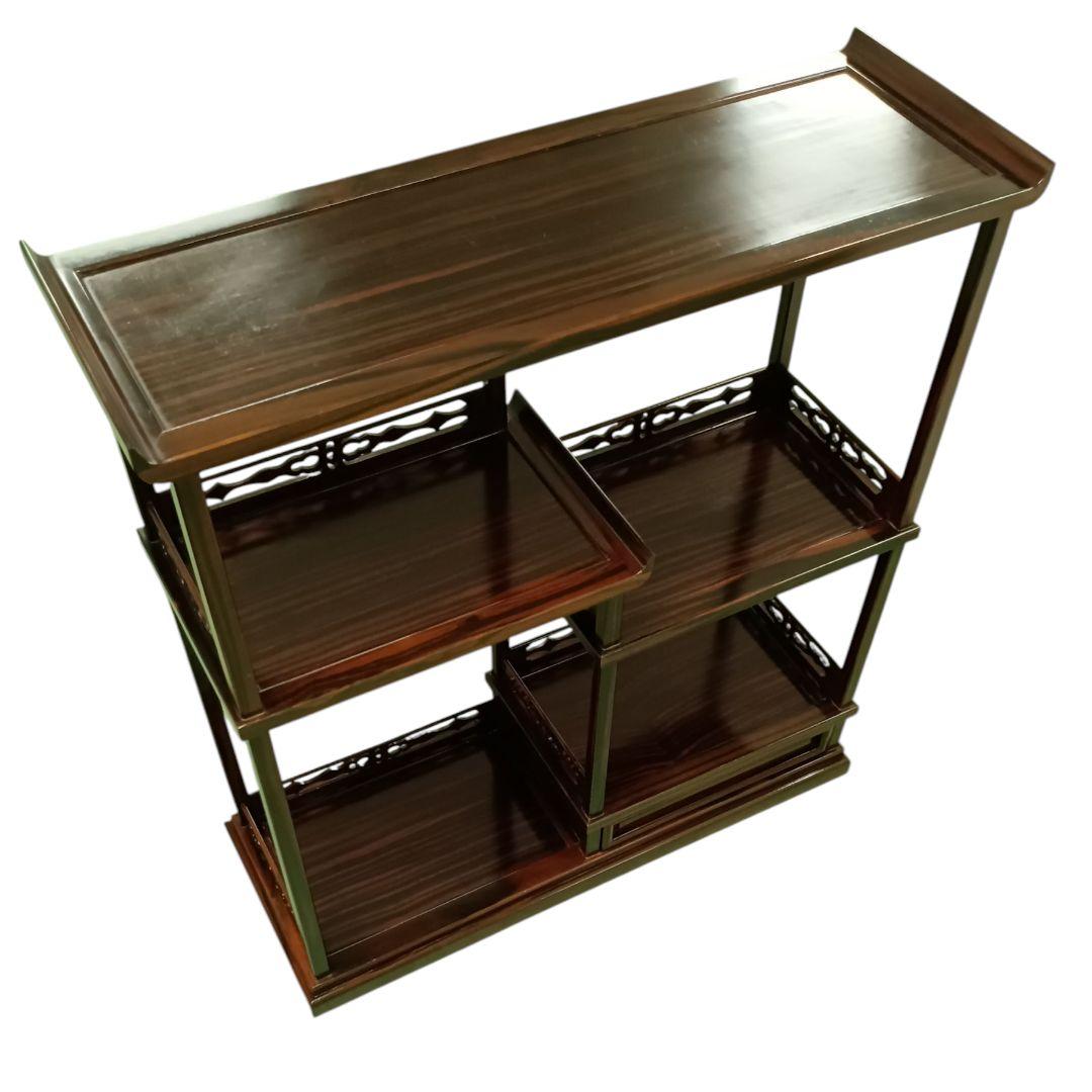 小ぶり 黒檀 黒丹 唐木 筆返し 透かし彫り 無垢 飾り棚