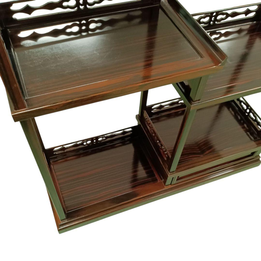 小ぶり 黒檀 黒丹 唐木 筆返し 透かし彫り 無垢 飾り棚