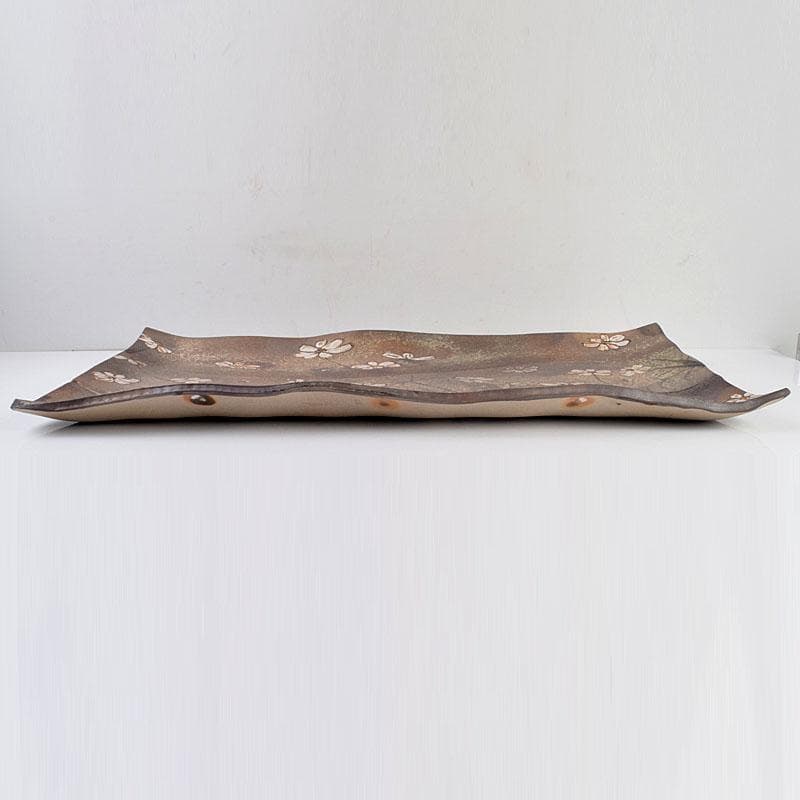 益子焼　堀越美紀作　自然釉　秋桜文　長皿　共箱　N　8681D