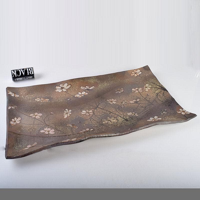 益子焼　堀越美紀作　自然釉　秋桜文　長皿　共箱　N　8681D