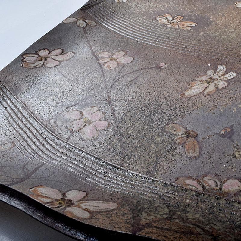 益子焼　堀越美紀作　自然釉　秋桜文　長皿　共箱　N　8681D