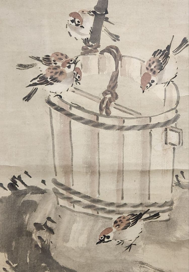 【雀図】大野葭洲 2630 すずめ 山口県 スズメ 掛け軸　肉筆