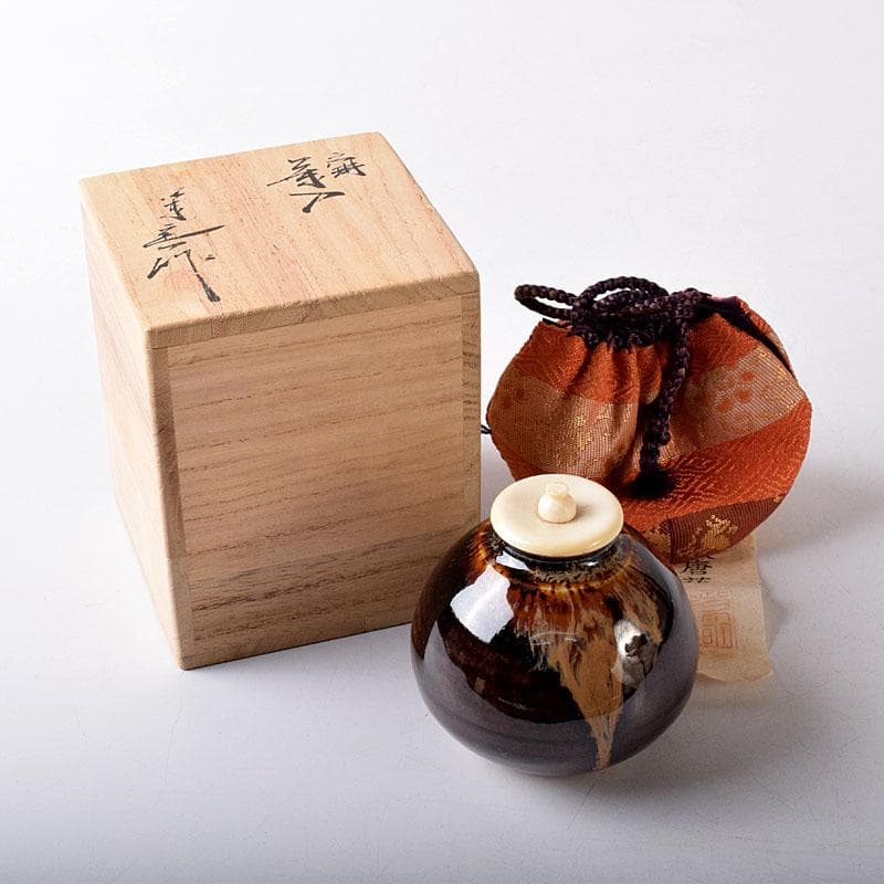 茶道具　京焼　清水焼　桶谷定一作　文琳茶入　仕覆付　共箱　V　7704