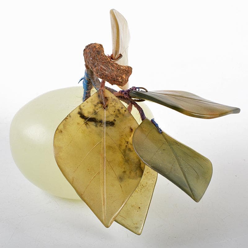 中国　玉石白玉彫刻　桃　置物　時代箱付　M　R5371