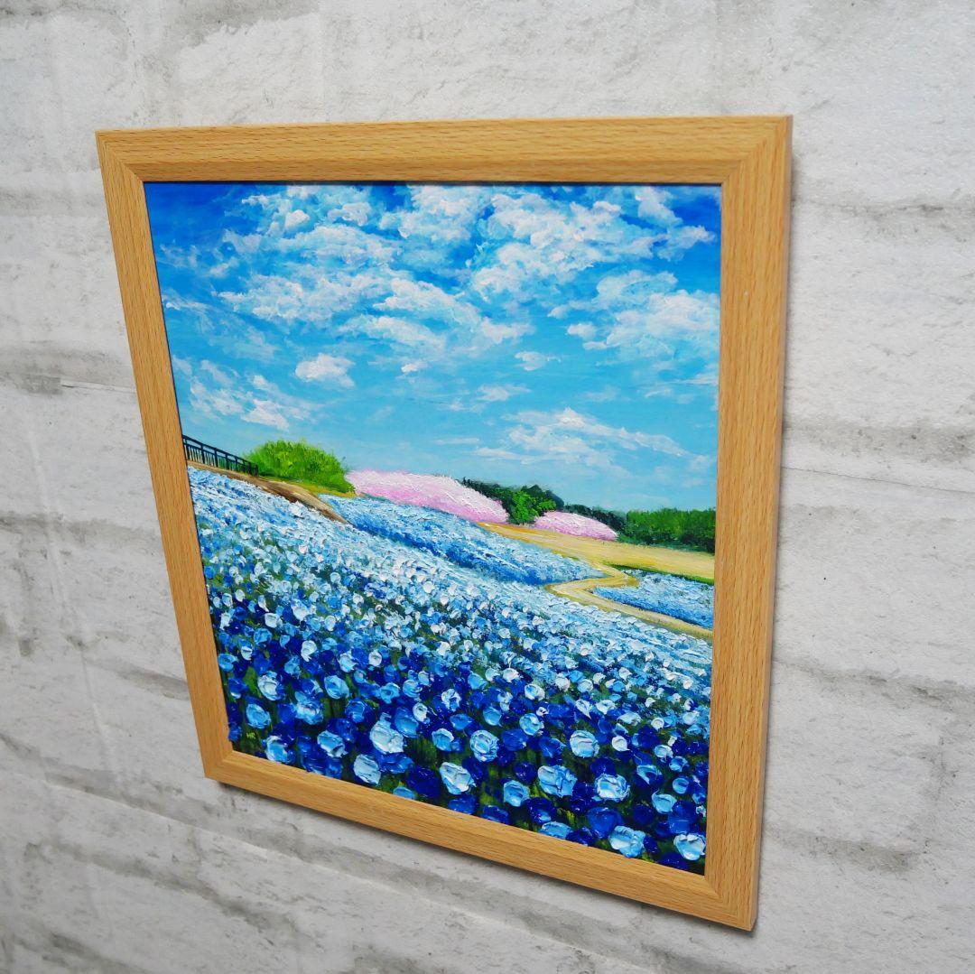 油絵 油彩 油彩画 絵 絵画 【ネモフィラと桜】