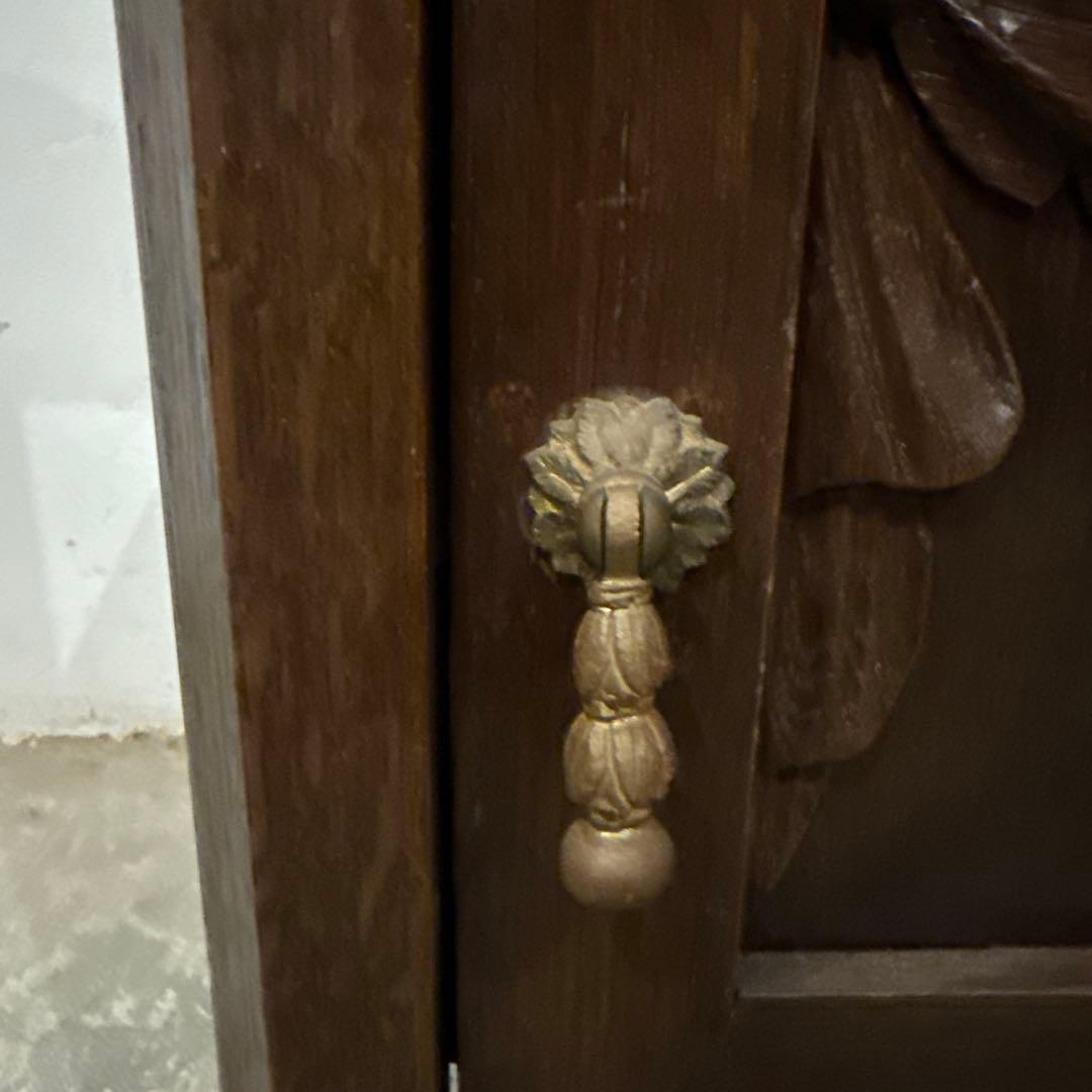 ヴィンテージ　木製サイドテーブル　引き出し/扉収納付き　大理石天板