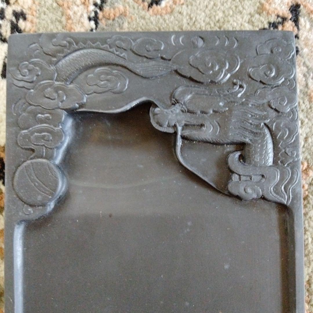 旧蔵した貴重中国骨董【歙州龍尾金星古硯】細工精密龍雲彫刻最高級漆塗り漆器硯箱付き