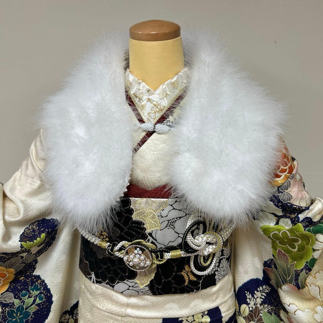 生成り　上品な牡丹と菊の振袖フルセット