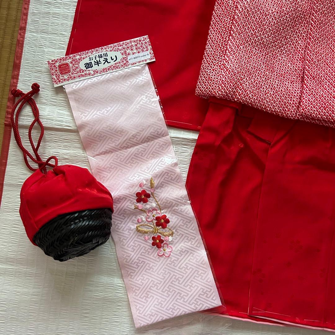 未使用品 七五三 3歳 着物 赤 総絞り 753 絹 被布 三歳 赤 草履 巾着